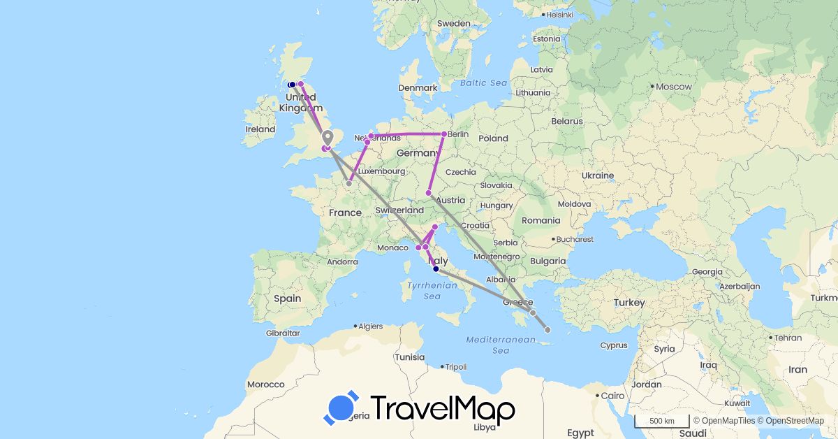 TravelMap itinerary: driving, plane, train in Germany, France, United Kingdom, Greece, Italy, Netherlands, Vatican City (Europe)